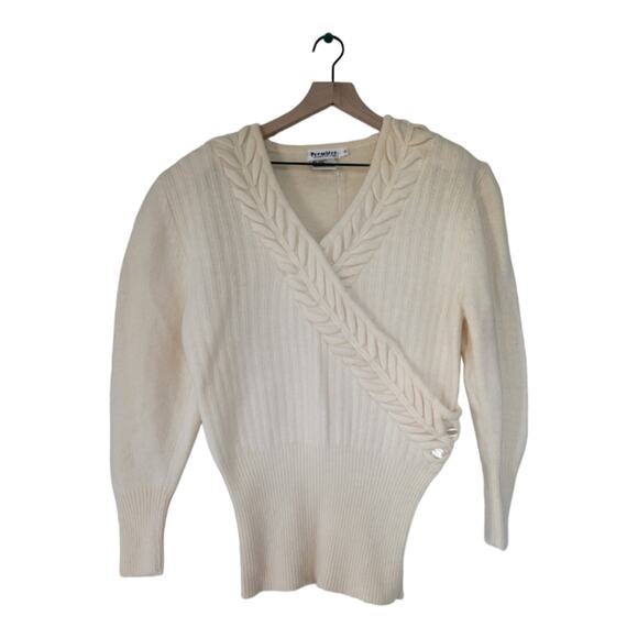 NWT Vintage Angora Wool 1980's V-Neck Sweater Size Small Cream Braided - Picture 7 of 10